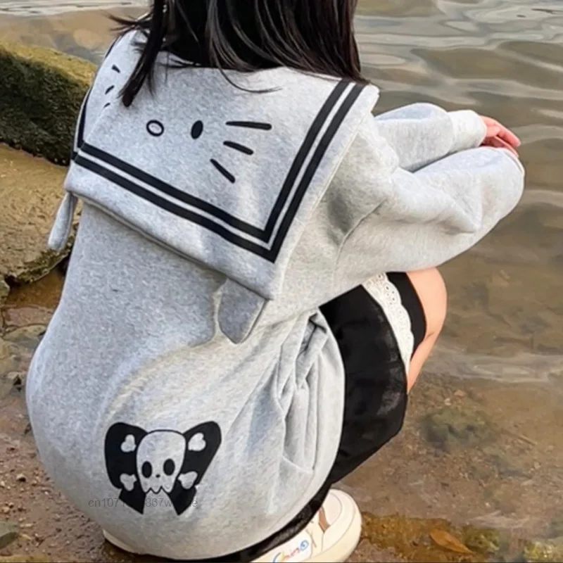 Sanrio Hello Kitty Sanrio Sweatshirt Hoodies Kawaii Y2k Women Korean Style Loose Zip Up Gothic Jackets with Sailor Collar