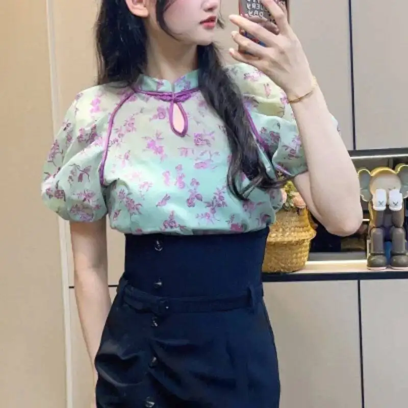 

BabYoung Embroidery O Neck Transparent Camisas Chinese Heavy Short Sleeve Women Tops 2025 Summer New Hollow Out Vintage Blouses