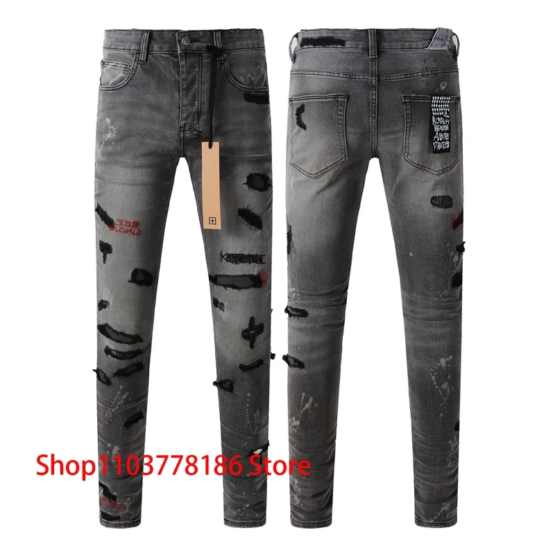 High Street Grey Splashing Ink Graffiti Ripped Embroidery Stretch Denim Pants KSUBI Cross Jeans Casual Small Feet Trousers Men