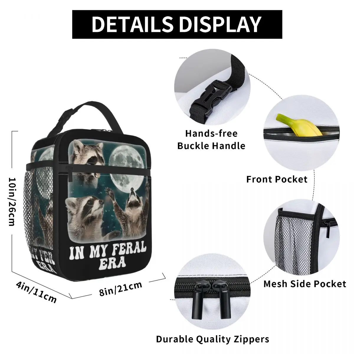 In My Feral Era Racoons Insulated Lunch Bag Racoon Howling At The Moon Meme Food Bag Portable Thermal Cooler Lunch Boxes