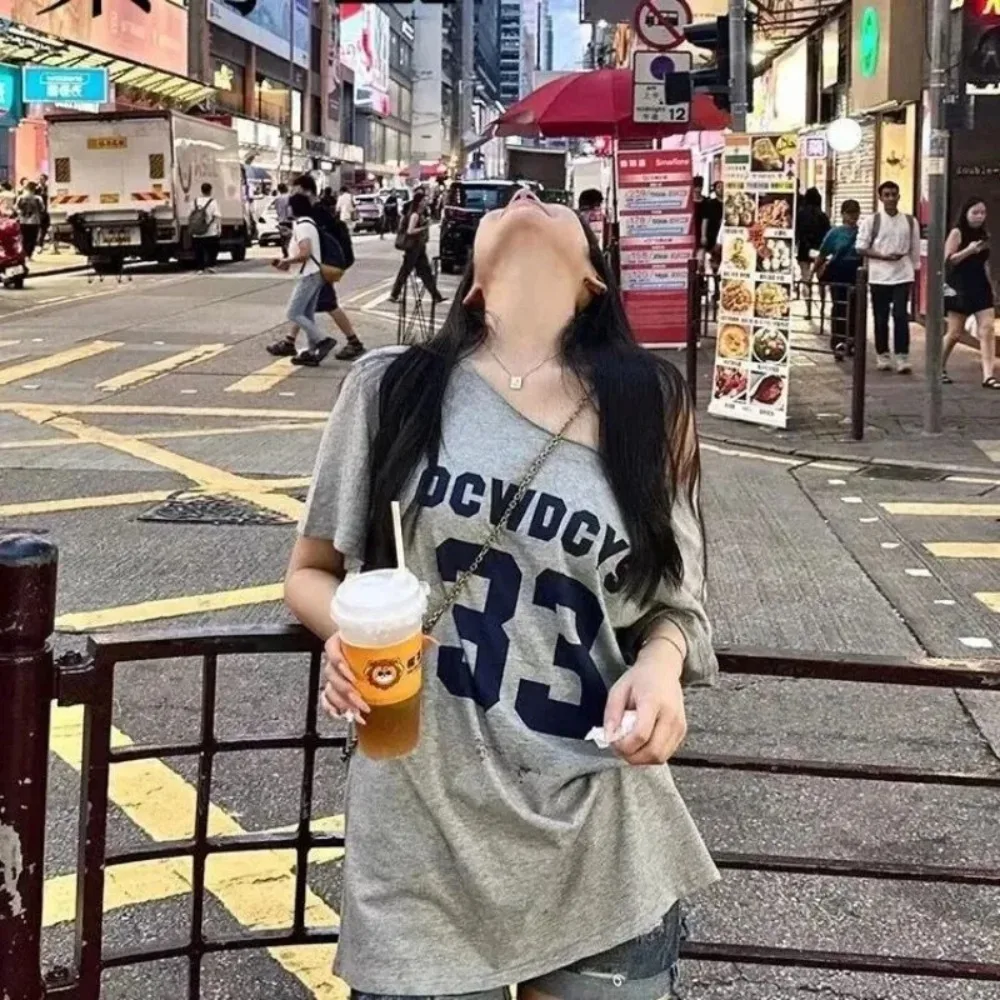 Новая одежда в стиле ретро Spice Girl, женская футболка с косыми плечами Y2k, женская свободная футболка большого размера в ленивом стиле, футболка в стиле Харадзюку