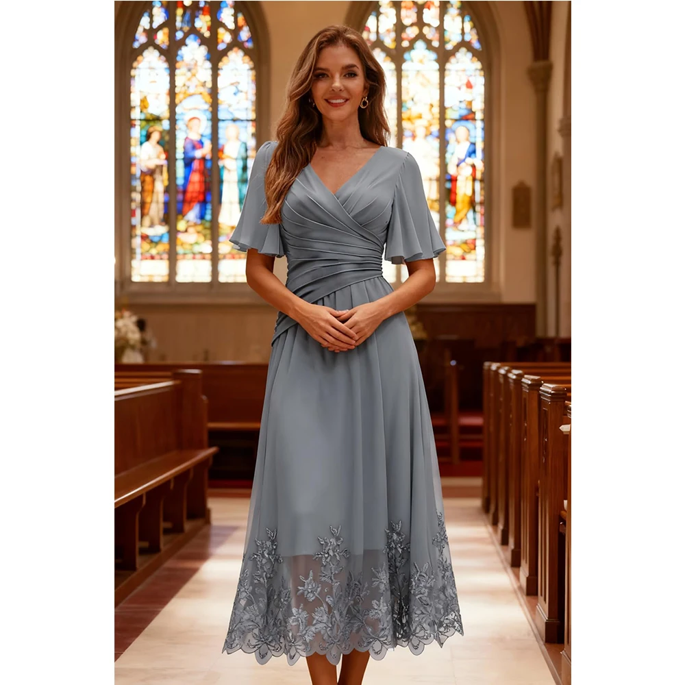 

Индивидуальные женские платья для мамы невесты с V-образным вырезом, короткими рукавами, плиссированные, А-силуэта, из шифона, для торжественных мероприятий и свадебных вечеринок