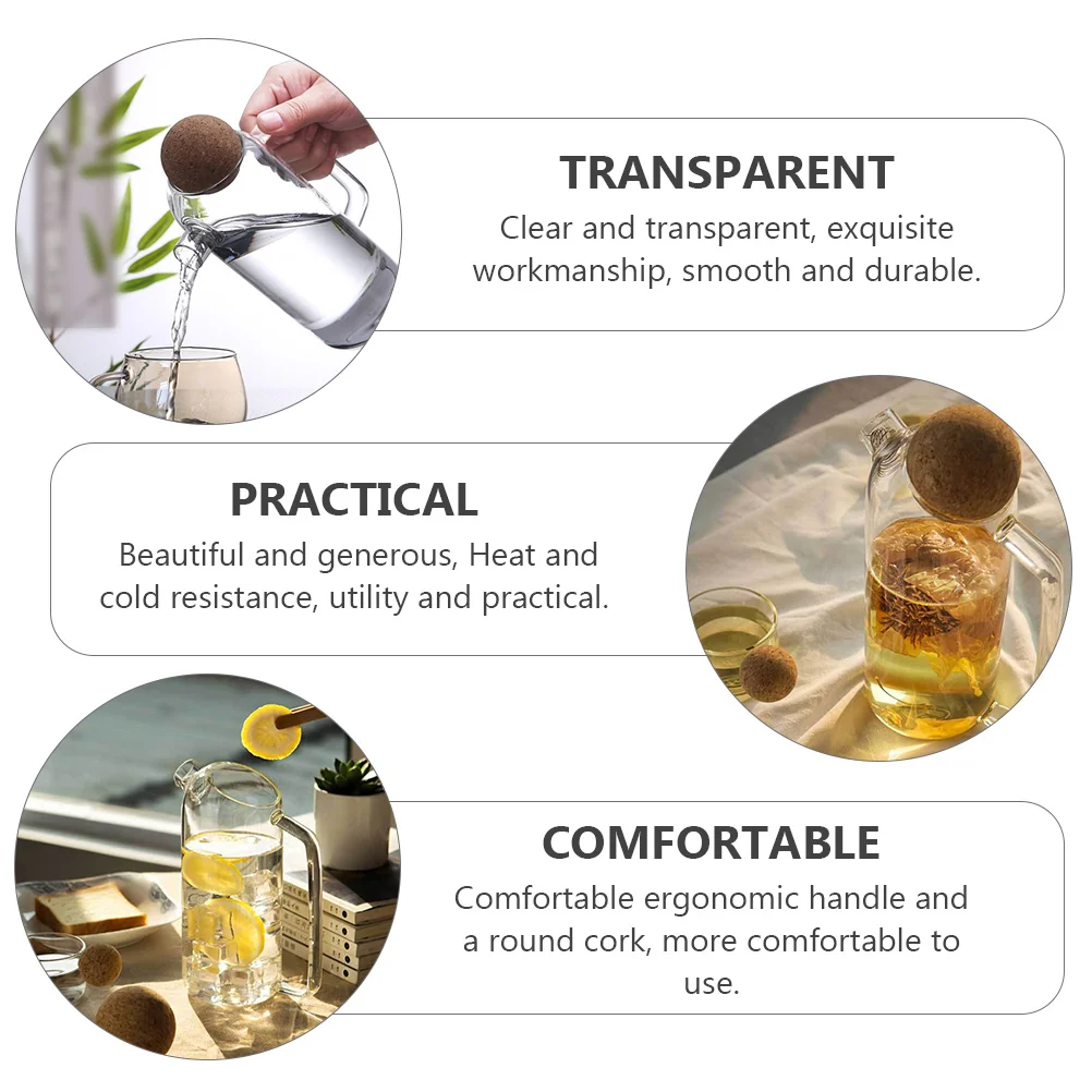 

Glass Tea Pot Clear Transparent Heat Cold Resistance Ergonomic H Round Cork Home Office Use Tea Water Bottle