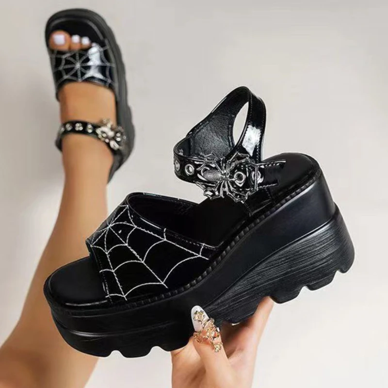 Sandalias góticas de estilo Punk con cuña para mujer, tacones ultraaltos de 9cm, punta abierta, suela gruesa, correa en el tobillo de araña, sandalias informales con talón descubierto