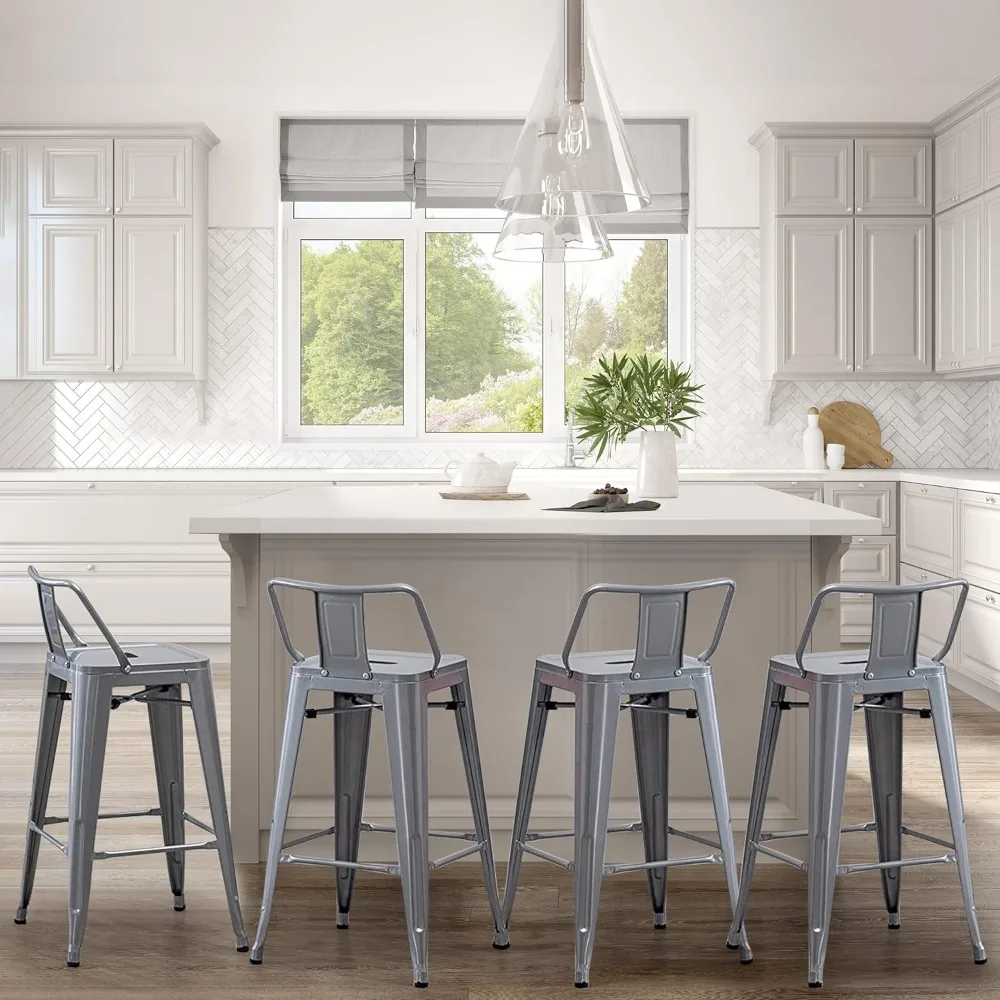 Conjunto de bancos de bar com 4 bancos de altura de balcão, bancos de bar industriais de metal com encostos (26 polegadas, prata)