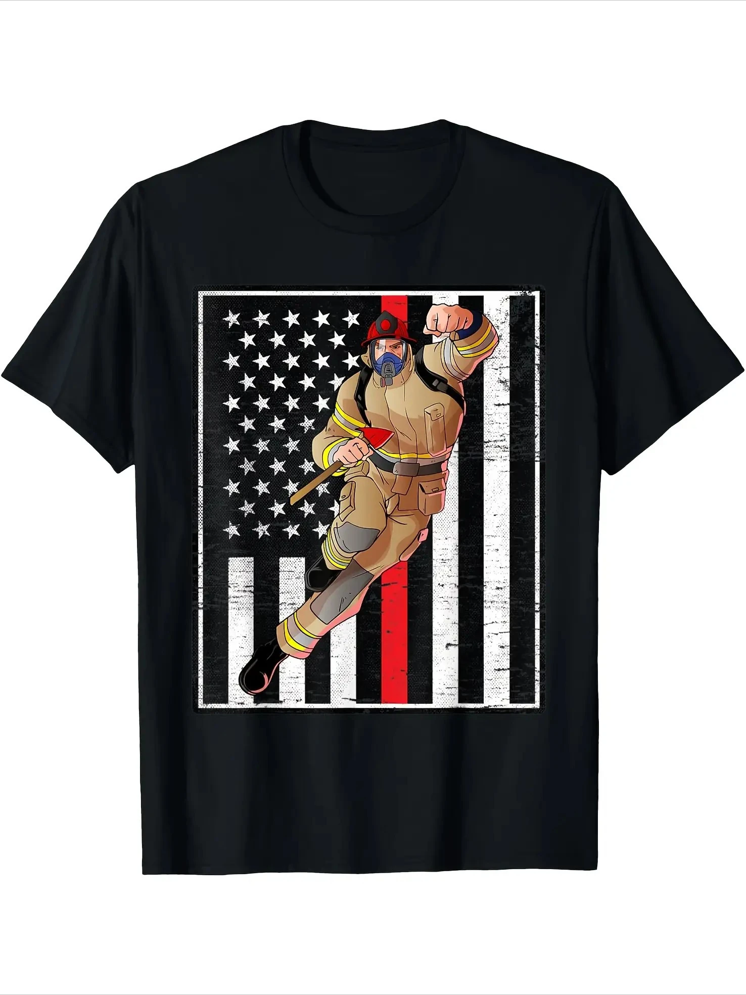 with Patriotic Firefighter Design-Thin Red Line American Flag design-100% cotton O-neck short sleeve printed men's T-shirt.