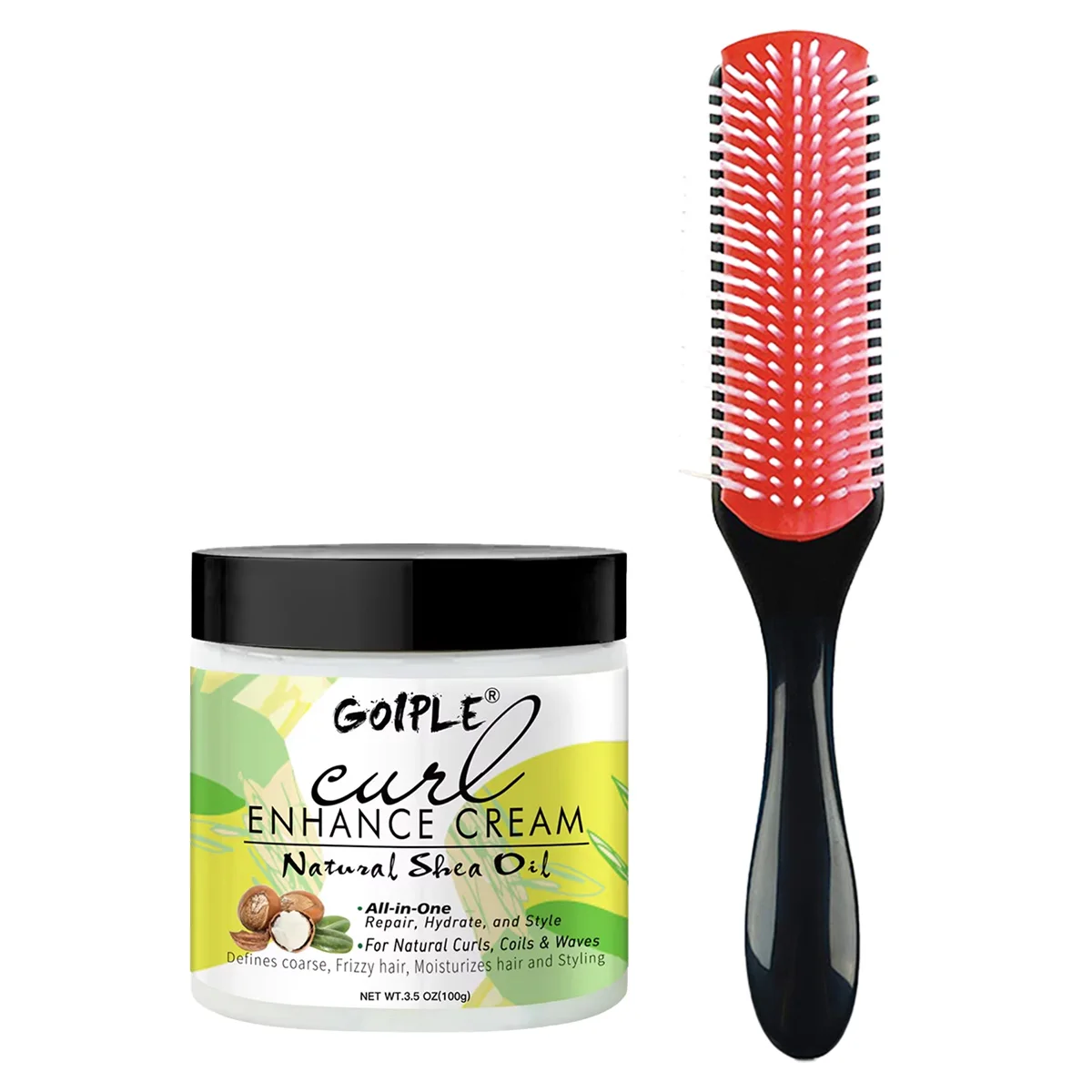GOIPLE Curl Defining Cream Moisturizing & Nourishing Curly Styling Care Kit,Natural Shea Oil Curls Enhancer and 9Row Nylon Brush