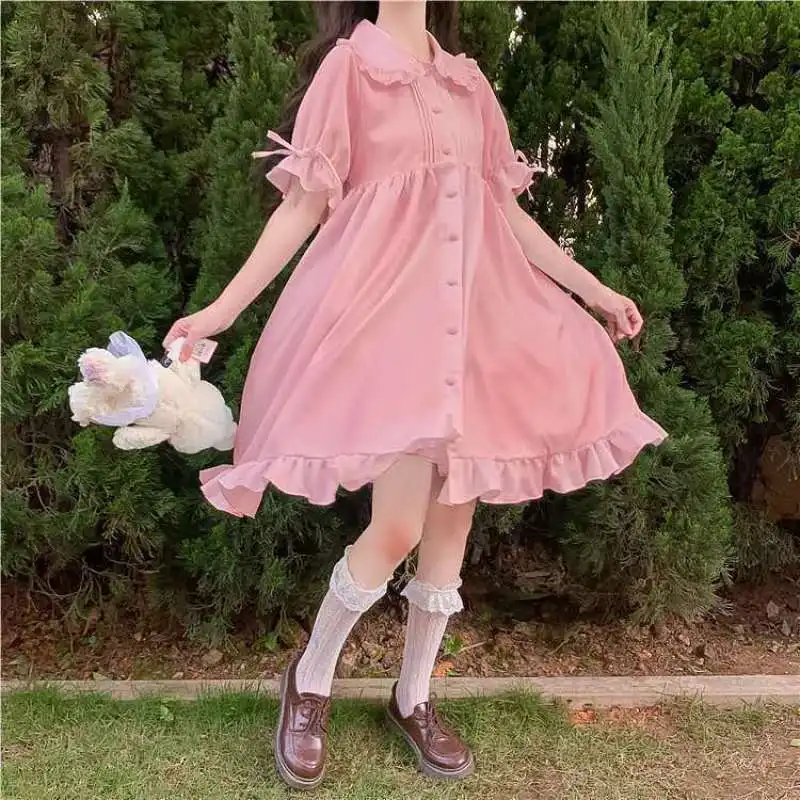 

Japanese Style Lolita Sweet Fashion Summer New Women's Peter Pan Collar Button Spliced Ruffles Lacing Half Sleeve Loose Dress