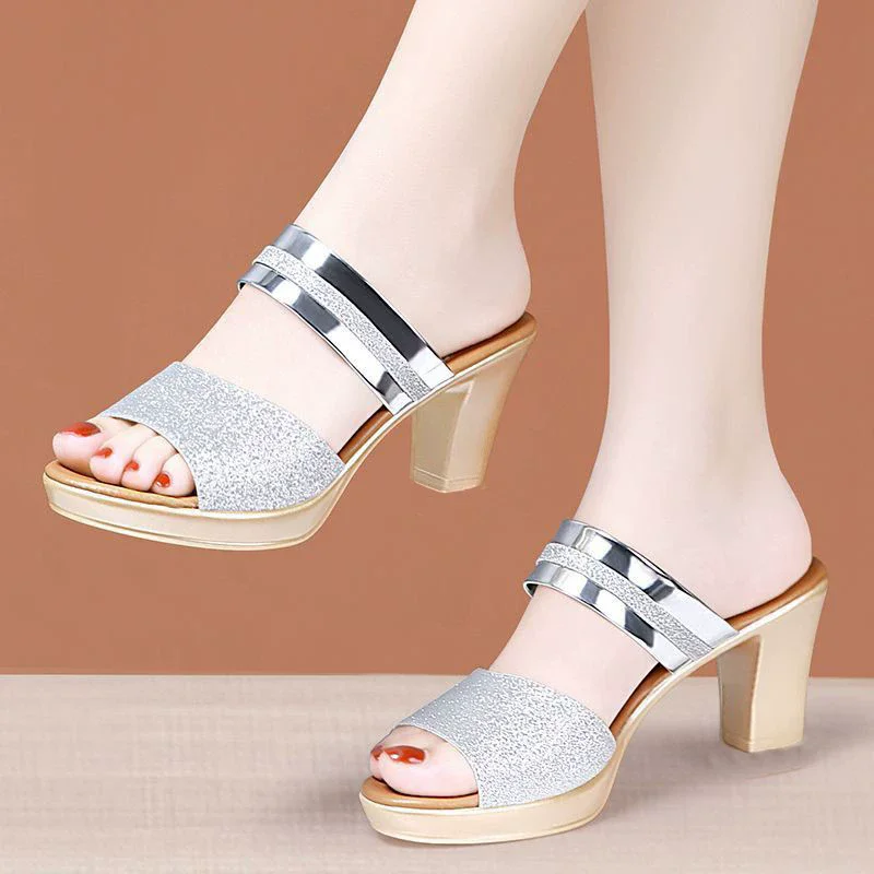 women\'s sandals summer 2024 Ladies Sequin Fabric High Heels Buckle Cool woman sandals Summer Casual Open Toe slippers Ladies
