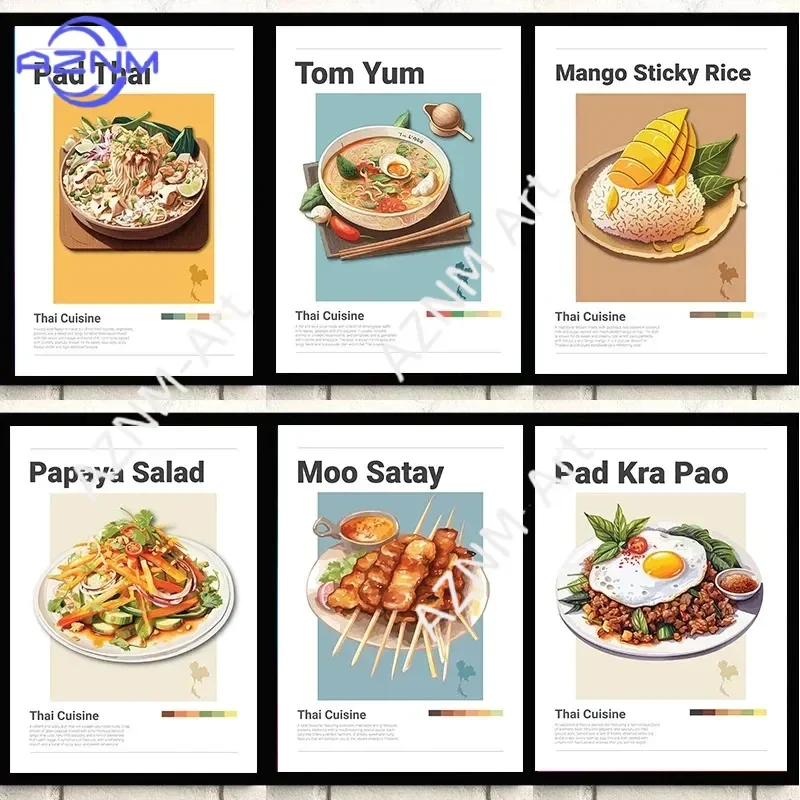Póster de comida tailandesa, impresión en lienzo, curry amarillo, Tom Kha, Pad Thai, Tom Yum, mango, arroz pegajoso, cuadro artístico de pared para decoración de habitación y cocina