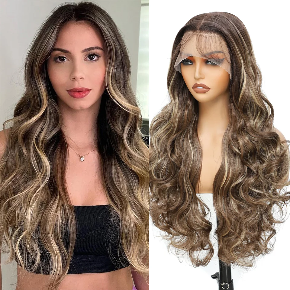 

Synthetic 13x4 Body Wave Transparent Lace Front Wig For Women 180% Density Ombre Color Cosplay Wigs High Temperature Fiber Wigs