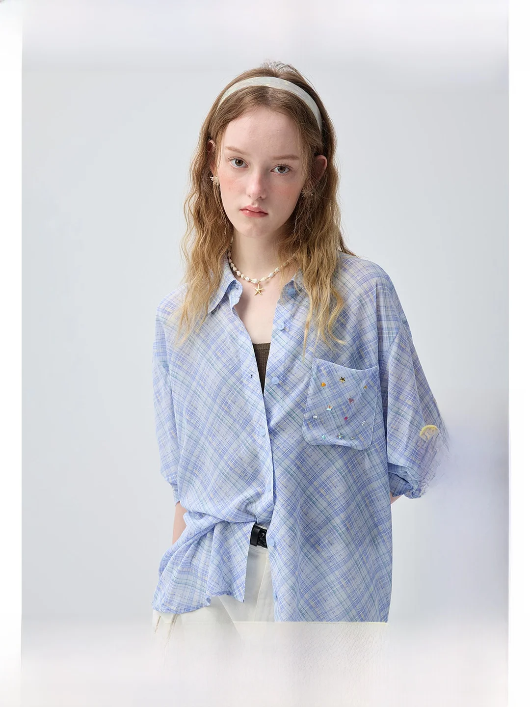 

VEGA CHANG Blue Plaid Color Diamond Pocket Summer New Loose Vacation Style Women's Shirt Korean Style Straight Cut Long Sleeve