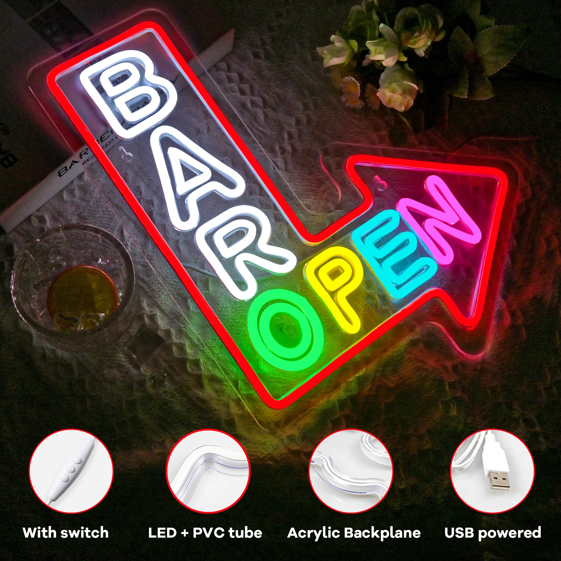 Bar Open Arrow Neon Sign Mix Color Led Neon Light Wall Hanging Decor for Shop Bar Cafe Party Bookstore Supermarket GYM view 3
