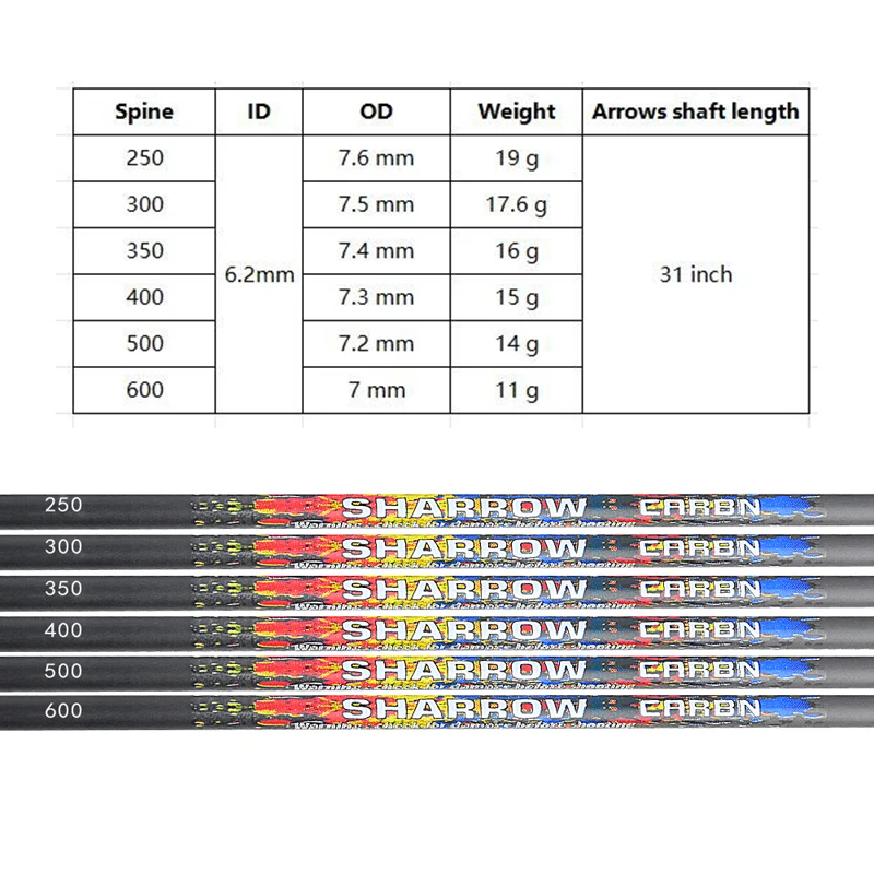 6/12pcs ID6.2mm Pure Carbon Arrow Shafts 31 Inch Spine 250 300 350 400 500 600 Carbon Tube for Bow Archery Hunting Shooting