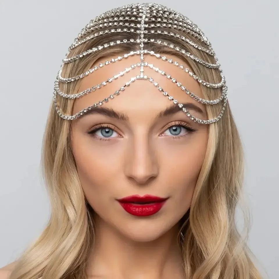 Crystal Mesh Hat for Women with Rhinestone Whole Head Piece Accessories Festival Wedding Hair Jewelry