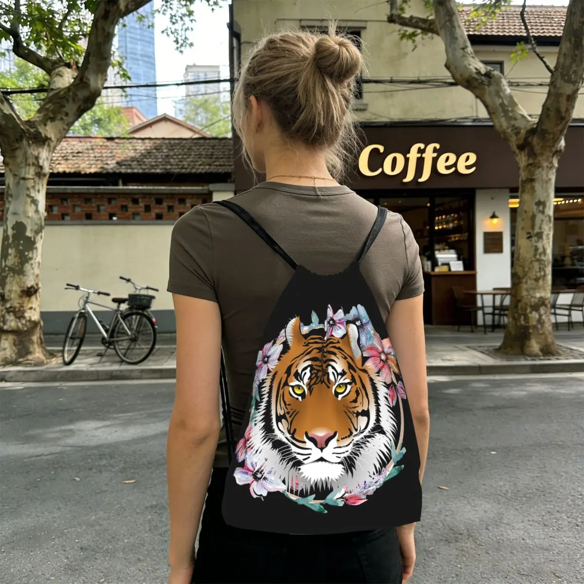 A Tiger Surrounded By Vibrant Flowers Backpacks Multi-function Drawstring Bags Storage Bag Book Bags for Travel Students