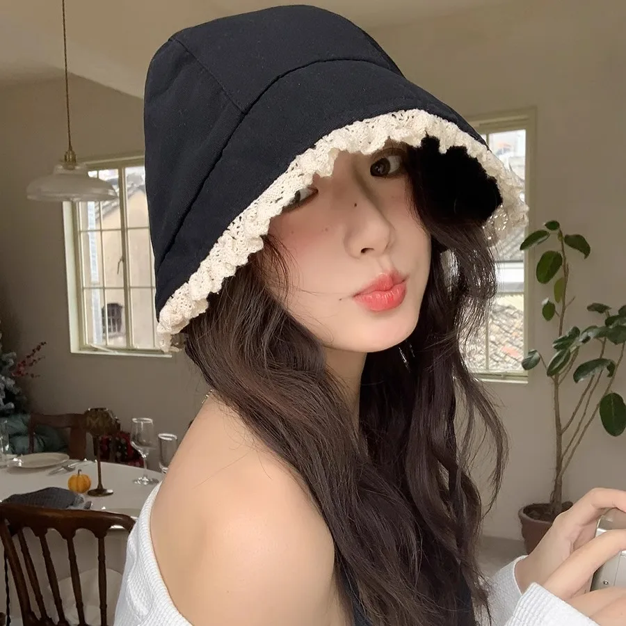 Y2K اليابانية الرجعية الدانتيل حافة لولي القبعات للنساء الصيف السفر صور شاطئ البحر عطلة تنوعا واقية من الشمس الحلو حزام قبعة الشمس