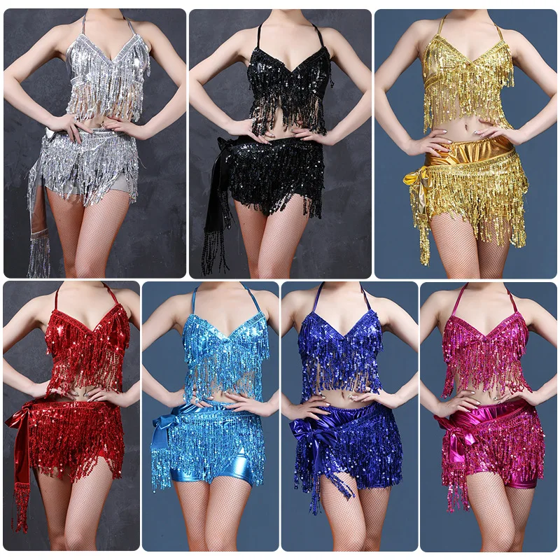 ที่กําหนดเองผู้หญิงผู้ใหญ่Belly Dance Top Pole Danceเซ็กซี่เลื่อมBraประสิทธิภาพชุดFringeกระโปรงละตินชุดExotic Dancewear