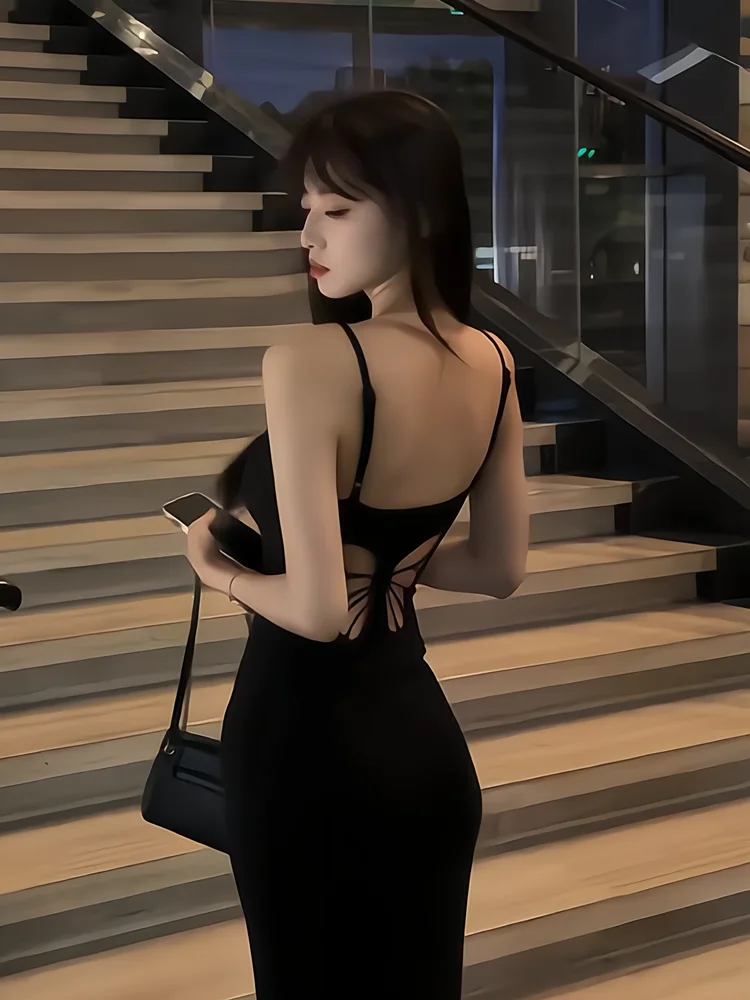 

Retro Bodycon Strapl Hollow out Fi Tail Long Dr Women Summer New Knot Tight Fit Dr Korean Sle Long Dr