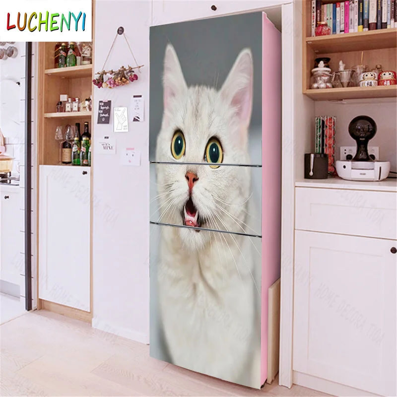 Papel de parede pink flower tree white cat peacock refrigerator sticker  door stickerkitchen fridge wallpaper mural , home decor