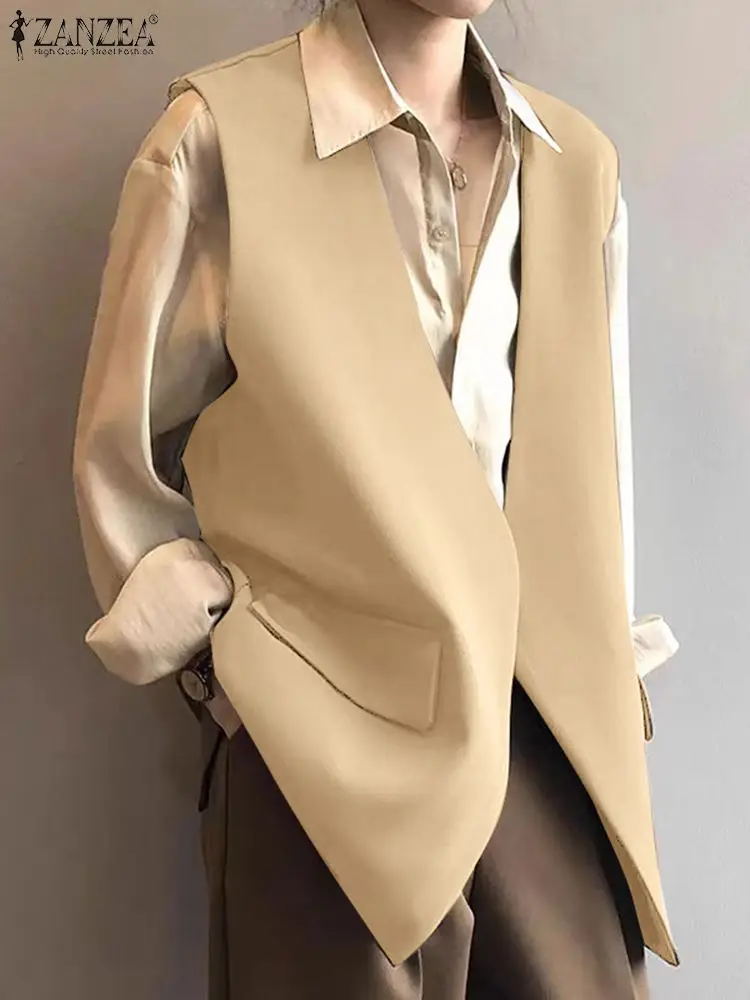 

ZANZEA 2024 Autumn Elegant Work Outwear Women Sleeveless Office Coat Fashion V-neck Suit Vests Korean Style Formal Khaki Blazer