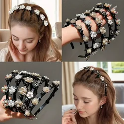Lazy multi-layer braided hair with pearl rhinestone butterfly headband, bangs, hairpins, toothed headband, female