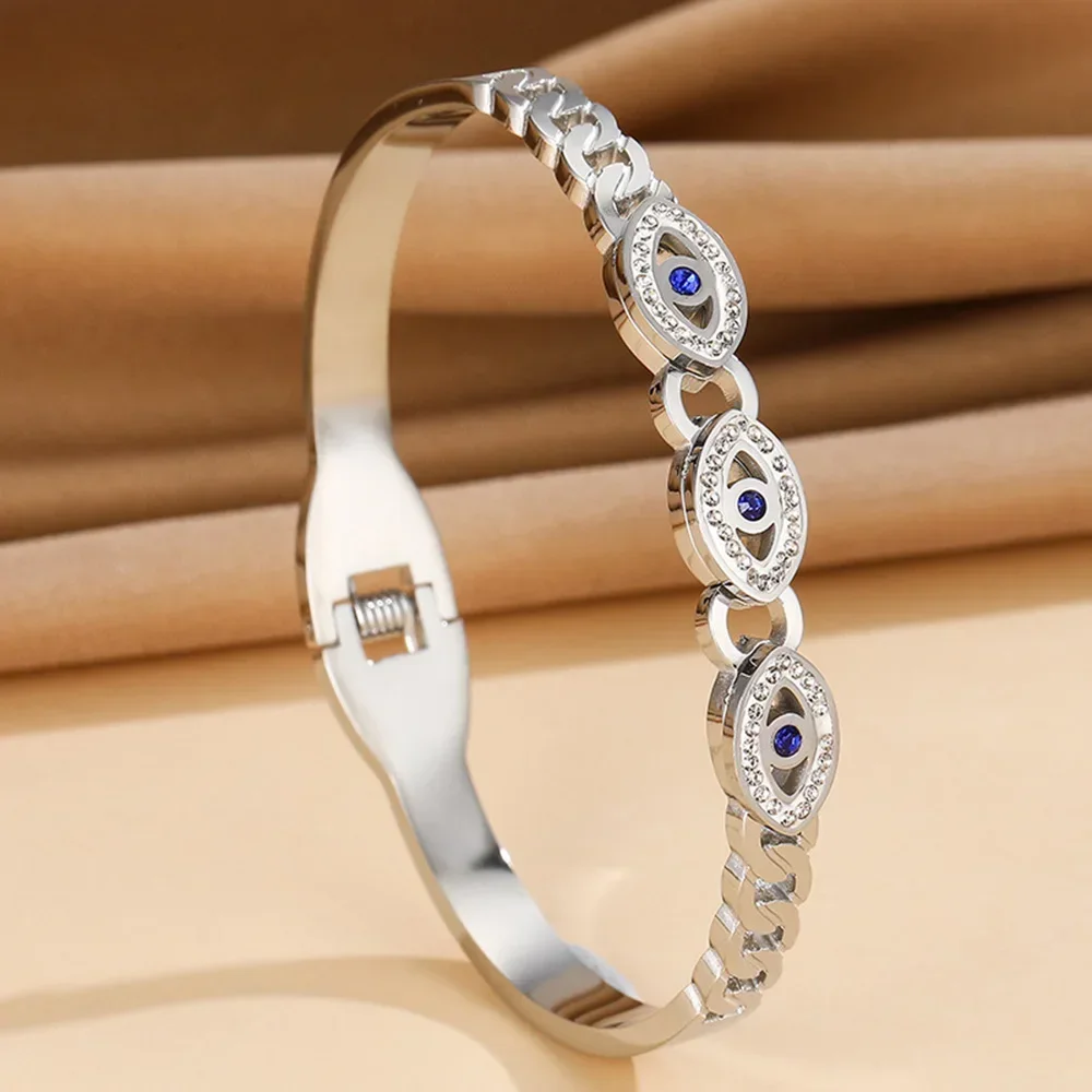 Fashion Stainless Steel Bracelet For Women Men Evil Eye Cuff Bangles Gold Plated Spring Buckle Lucky Amulet Jewelry Accessories