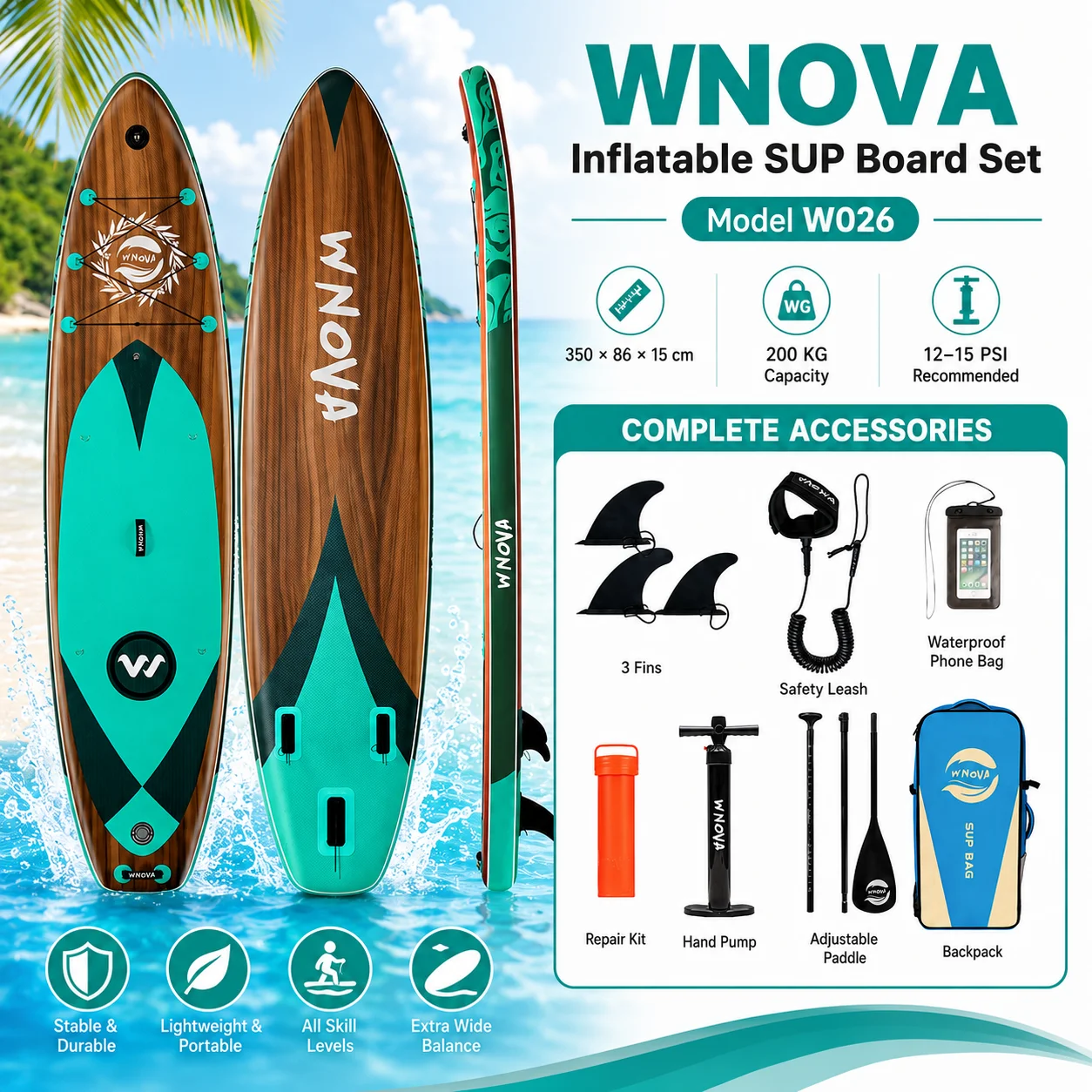 WNOVA W026 Aufblasbares Stand-Up-Paddleboard 350x86x15cm SUP-Board mit einer Tragfähigkeit von 200 kg, Holzmaserung-Surfbrett für Erwachsene und Jugendliche, komplett mit verstellbarem Paddel, 3