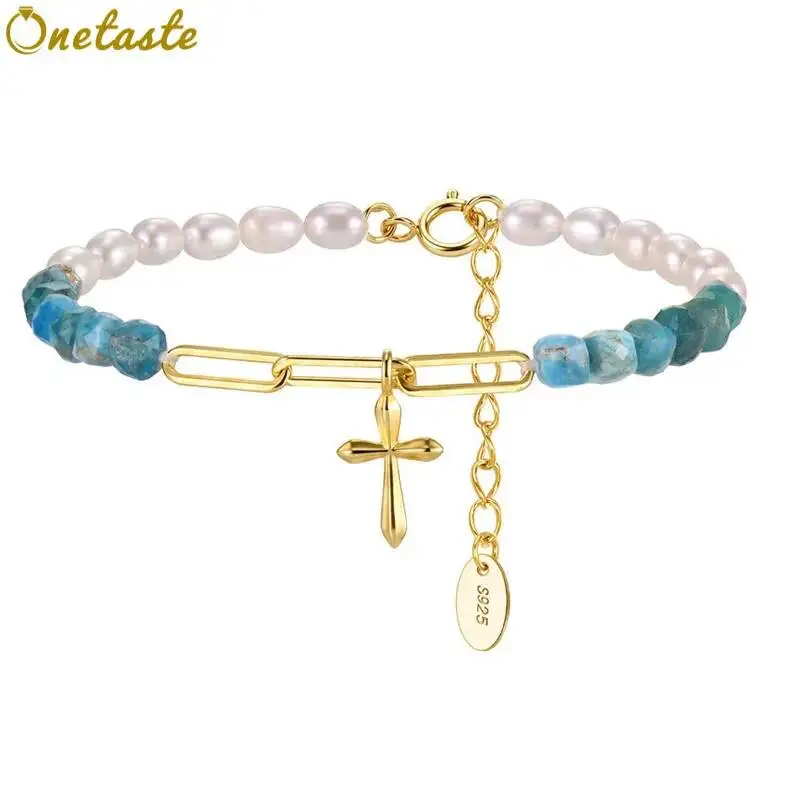 White Pearl Blue Apatite Stone 925 Silver Beaded Strand Bracelets Women Cross Charm Dainty 16.5cm Adjustable Hand Chain Bracelet