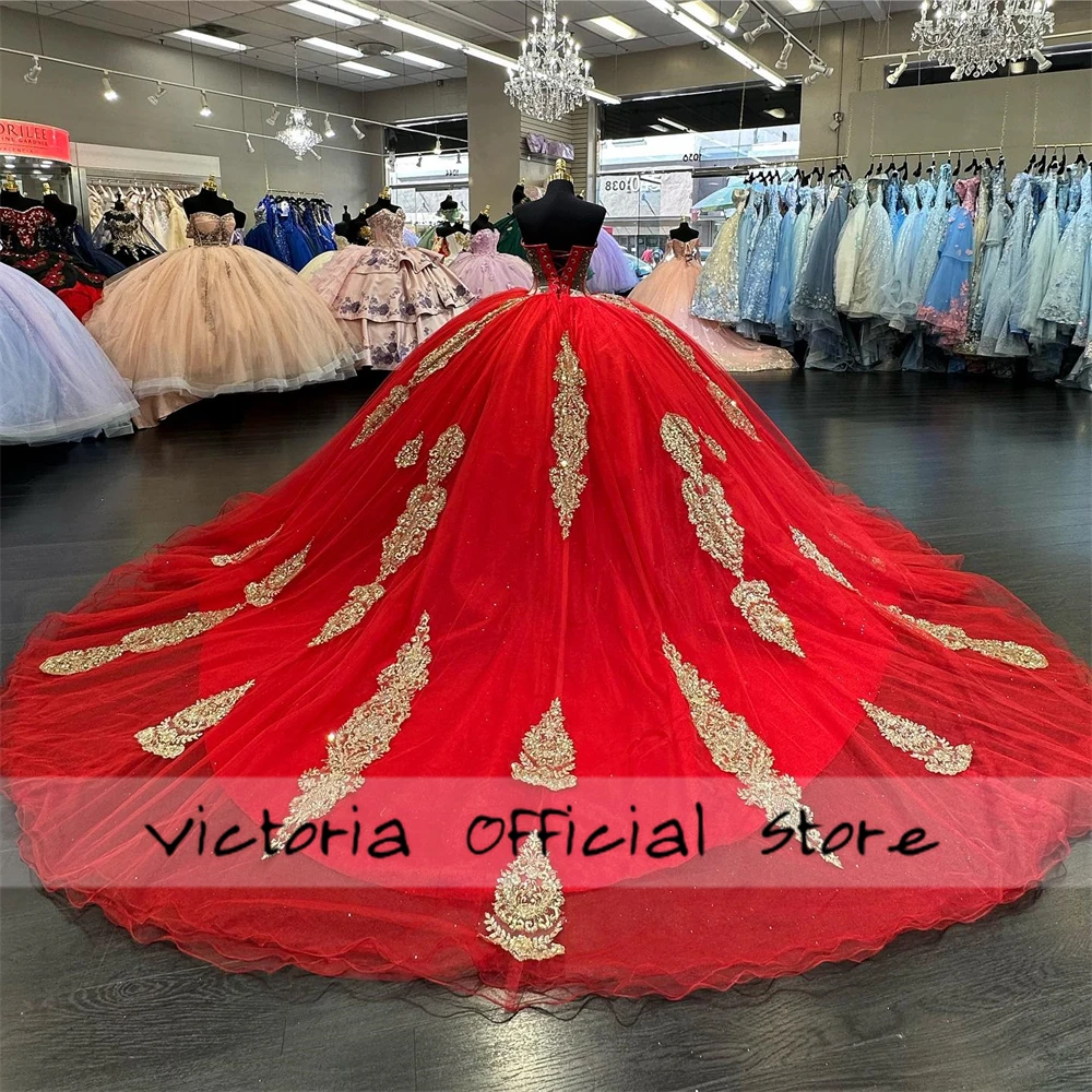 Luxious Red Cape Golden Lace Applique Quinceanera Dress Corset Sweet 15 Years Girl Birthday Party Dress Vestido De Quinceañera