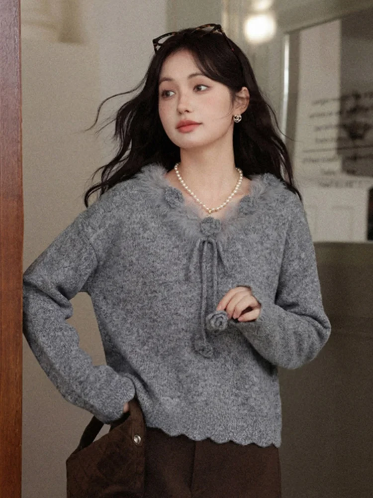 

Вязаный свитер для женщин, свободный крой, повседневный стиль, длинный рукав, круглый вырез, теплый, удобный, модный трикотаж