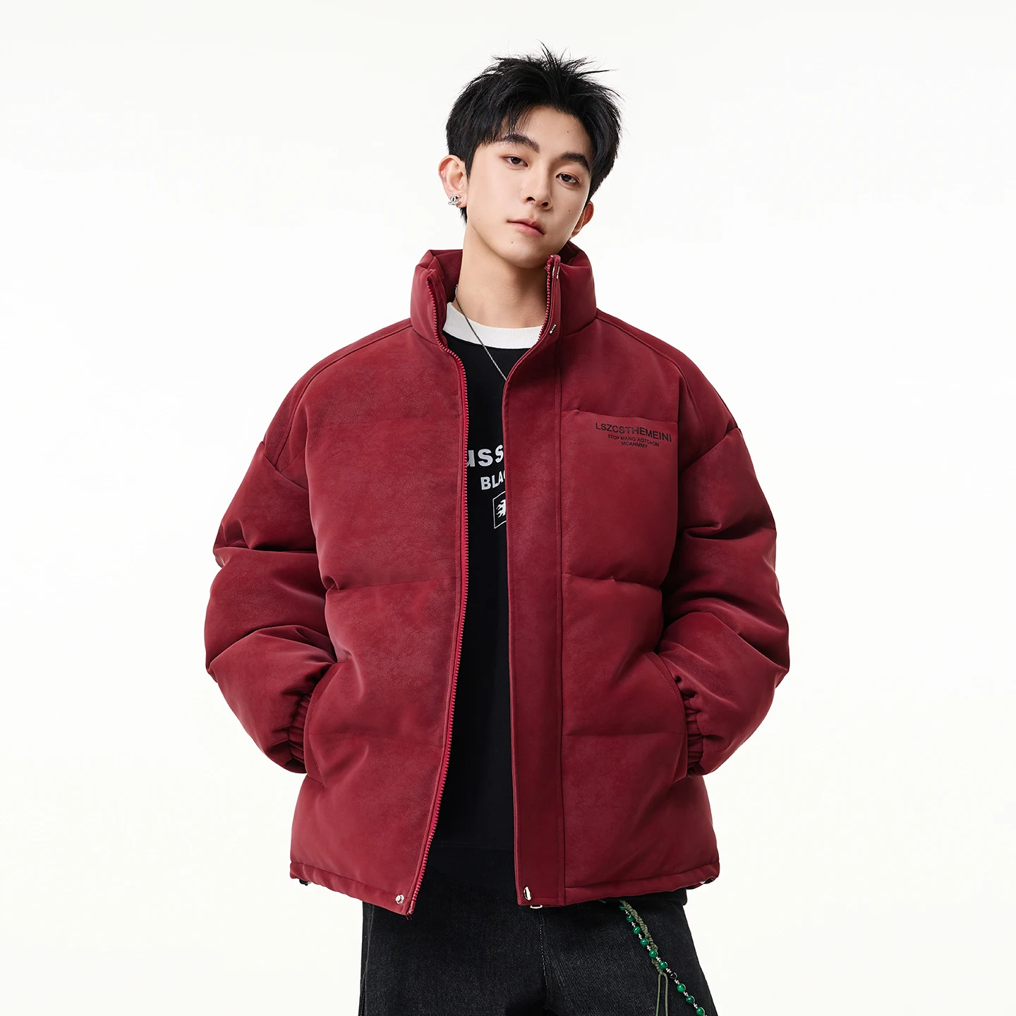 Winter American Style Thickened Stand Collar Windproof Casual White Cotton Jacket Men's Black Warm Versatile Cotton Coat