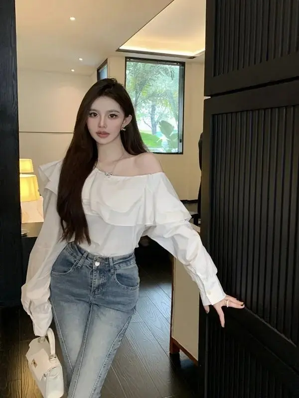 Korejepo Early Spring Shirt Lotus Edge Off Shoulder Women Top New Long Sleeved French Design Elegance Celebrity Short Top