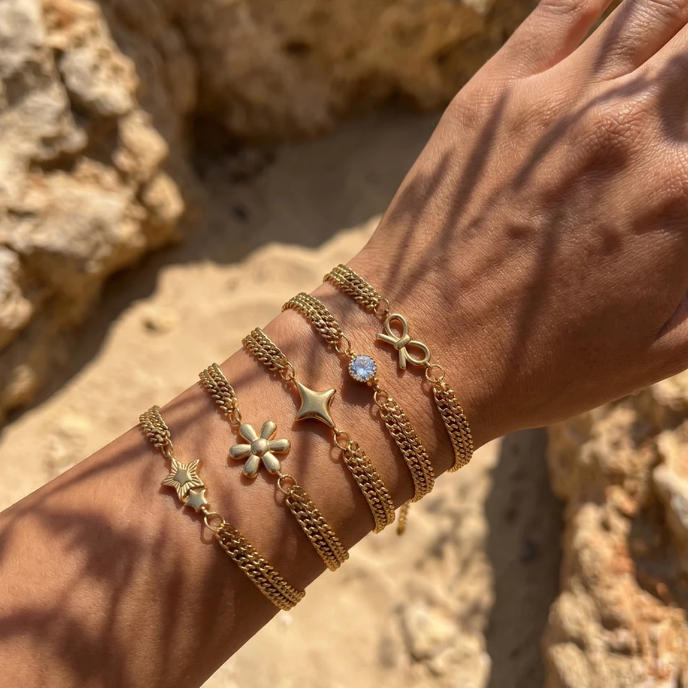 

Stainless Steel Star Flower Bow Pendant Waterproof Bracelets Gold Plated Double-layer Link Chain Wrist Bracelet Women Jewelry