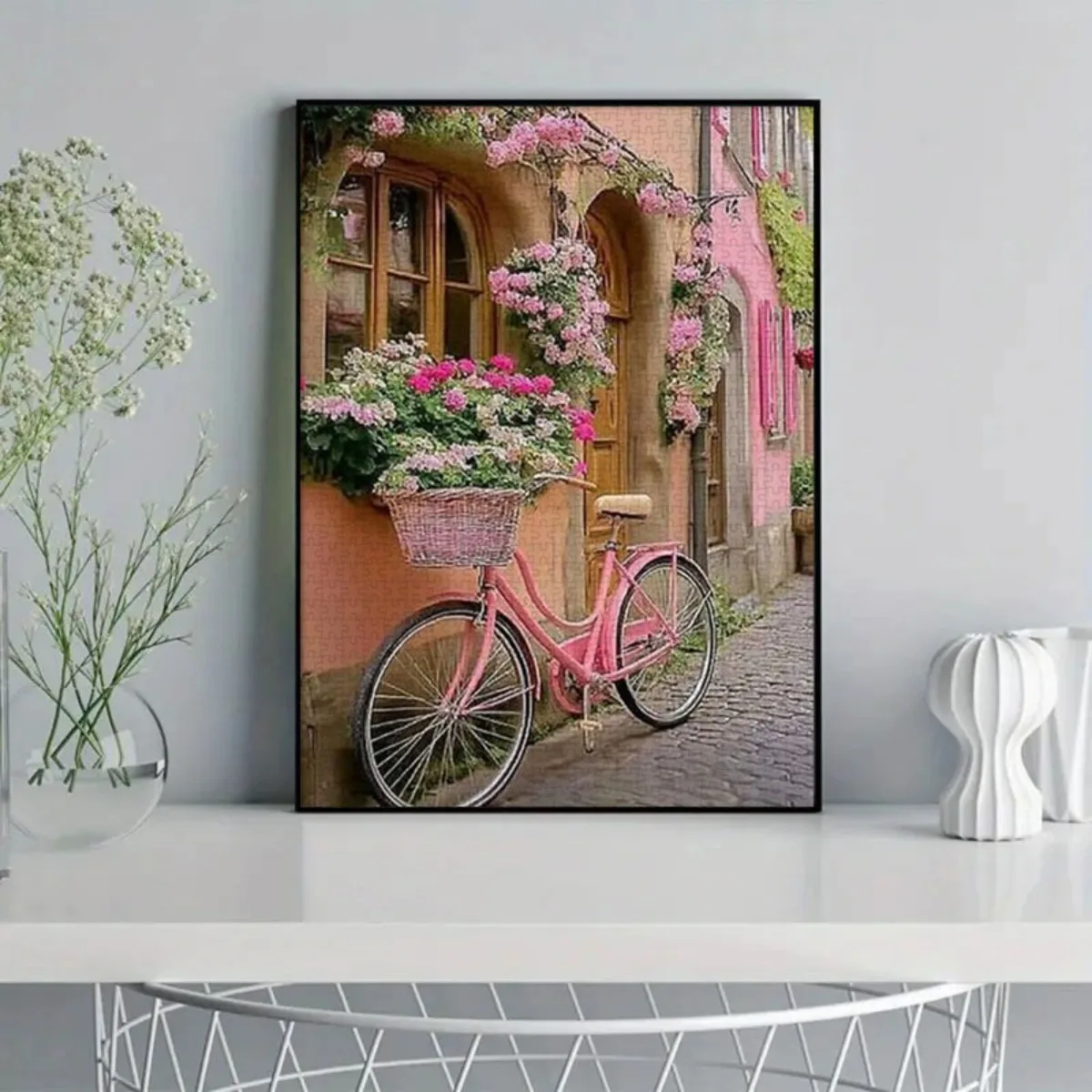 500/1000/1200pcs Extra Large Jigsaw Puzzle - European Village Scene with Pink Bicycle, Floral Houses & Cobblestone Streets - T