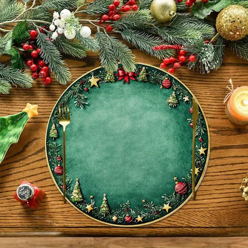 

VIKAMA 4PC Christmas Gold Border Placemat Christmas Tree Red Ball Gold Star Dining Table Desktop Decoration And Accessories