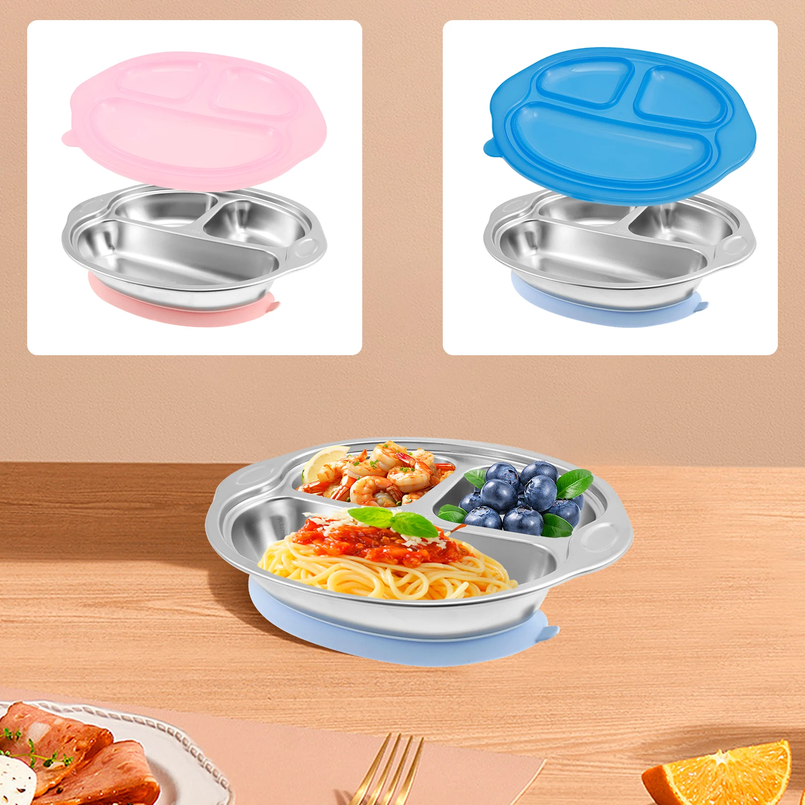 Baby Safe Stainless Steel Dining Plate Suction Children Dishes Feeding Toddler Training Tableware Kids Baby Divided Plate Bowls