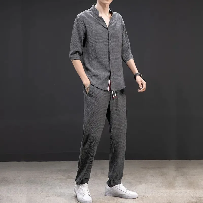Spring Summer Thin Men Set Two Pieces Ice Silk V Neck Button Half Sleeve Tops Breathble Solid Color Pants Fashion Set - Image 5
