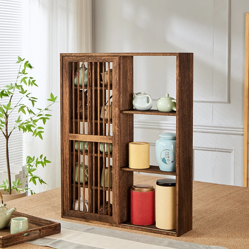 

Solid Wood Chinese Style Wall-Mounted Tea Set Display Shelf Multi-layer Organizer for Teapot & Tableware Grid Storage Rack