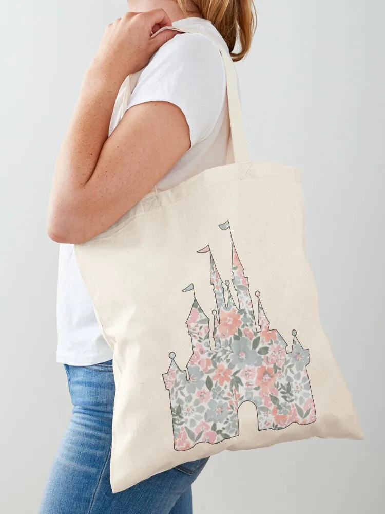 Pink Blue Floral Castle Tote Bag custom tote bag Reusable bags Canvas Tote Bag