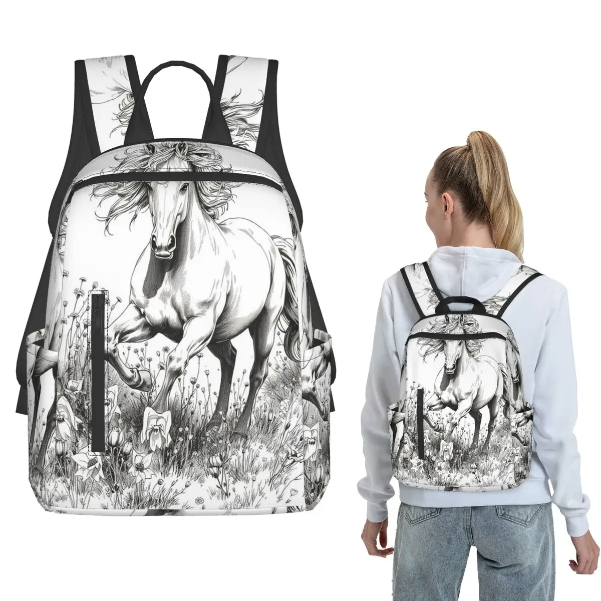 Animal White Horse Painting Art Backpack Large Capacity Boys Girls BookBag School Bag Shoulder Bags for Men Women