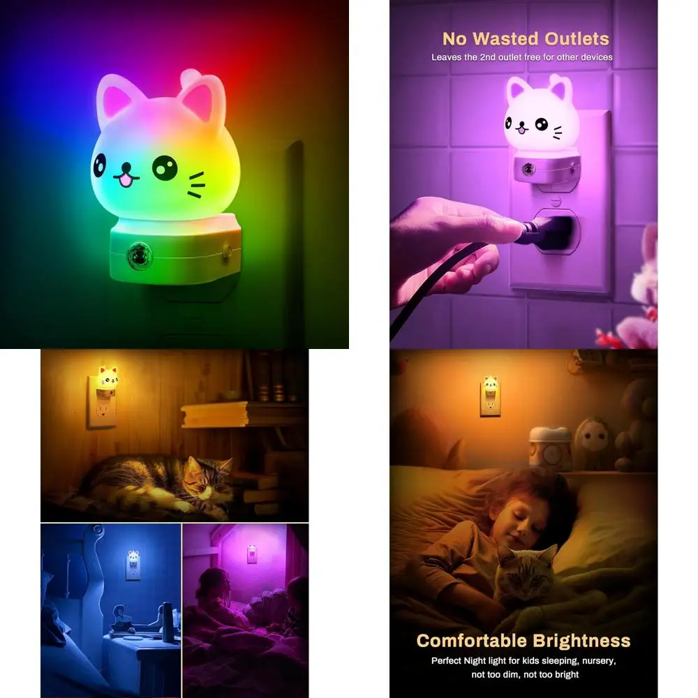 

Кошачьи ночники с подключением к стене, милый ночник для детей, 8-цветный светодиодный ночник RGB с датчиком сумерения до рассвета, ночник для