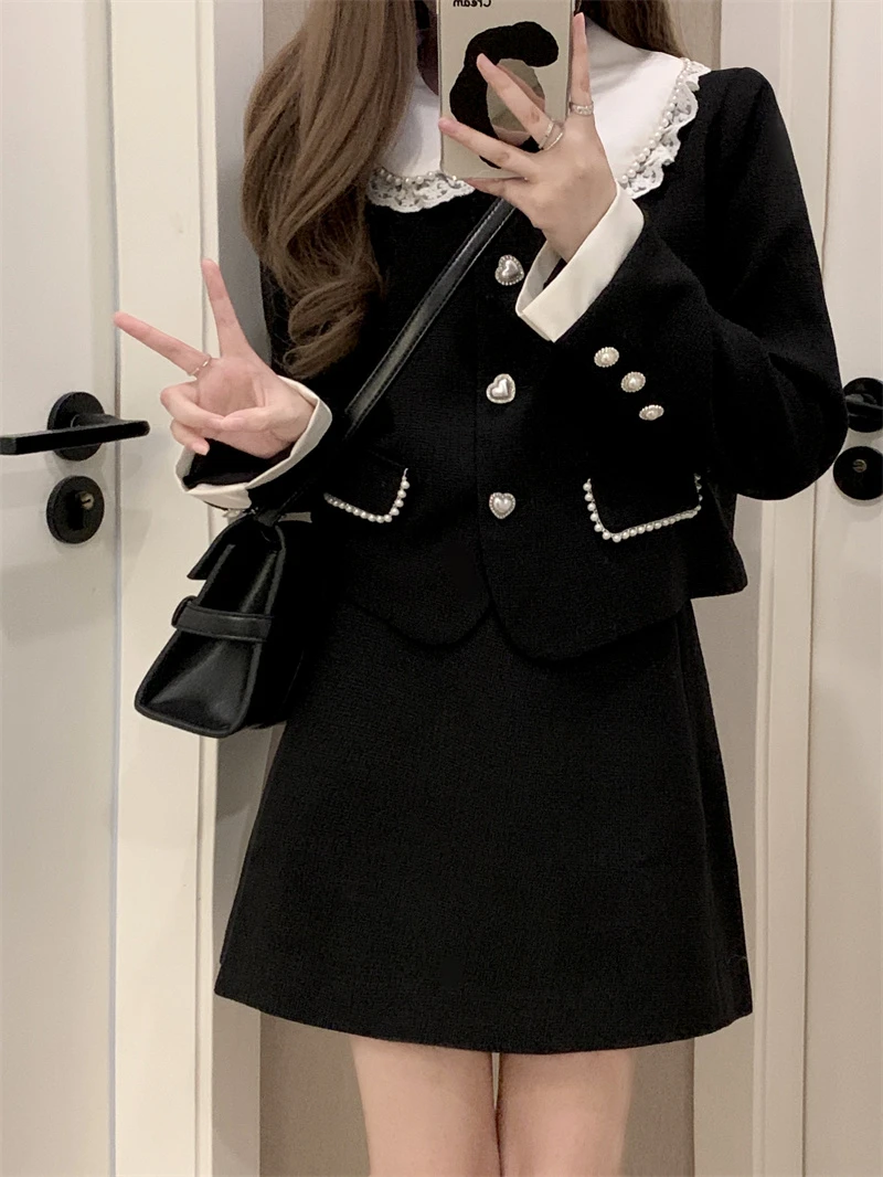 

Ele Bla Two-Piece Set Doll Collar Spring Autumn Women's Faion High Waist A-Line Skirt Commute Sle Korean Version