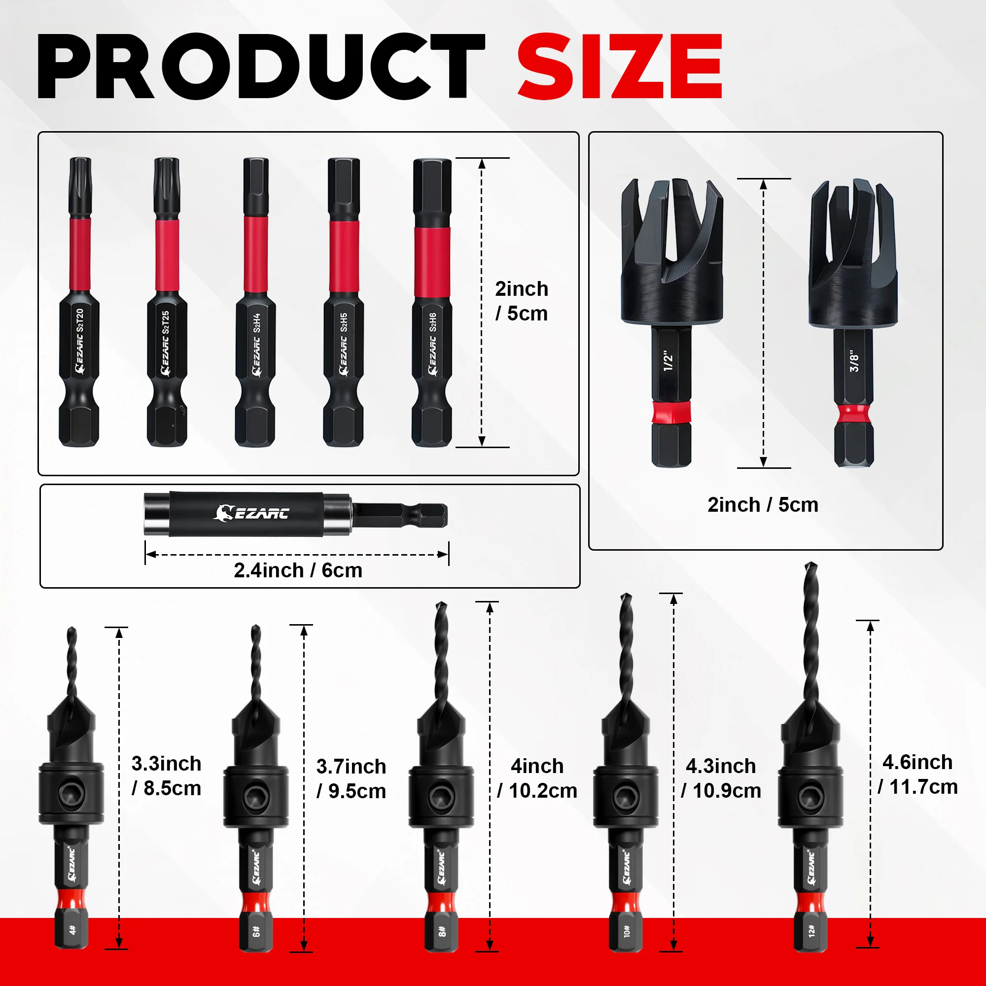 EZARC Countersink Drill Bit Set 22PC - Two-Flute Flat Head Bits #4 #6 #8 #10 #12 Plug Cutter S2 Screwdriver Bits Magnetic Holder