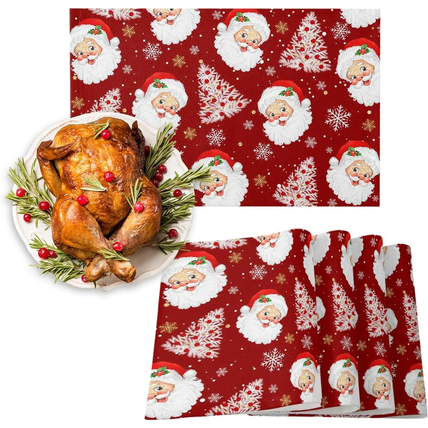 

Red Christmas Placemats Set of 4 Santa Claus Merry Christmas Tree Heat Resistant Washable Table Place Mats Winter Snowflake