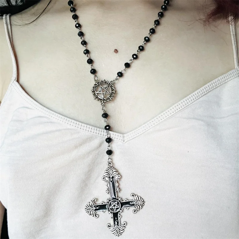 Satanic Rosary Inverted Pentagram Ornate Upside Down Cross Pendant Black Charm Necklace Gothic Pagan Wiccan Occult Jewelry Gift