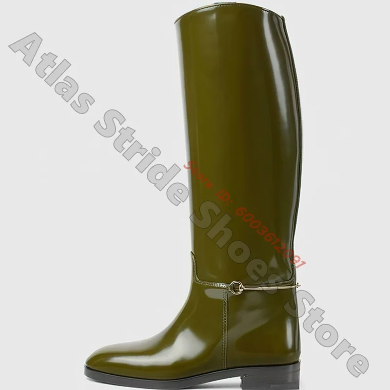 Olive Green Patent Leather Knee High Riding Boots Metal Buckle Strap Low Block Heel Straight Tall Shaft Minimalist Elegant Boots