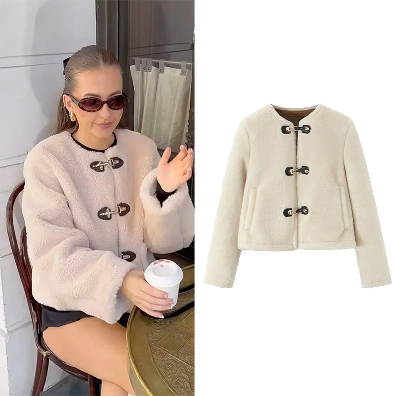 

HipSeam Double Faced Jacket with Toggles Faux Fur Autumn Long Sleeve Simple O Neck Women's Short Jacket Fashion Female Coats