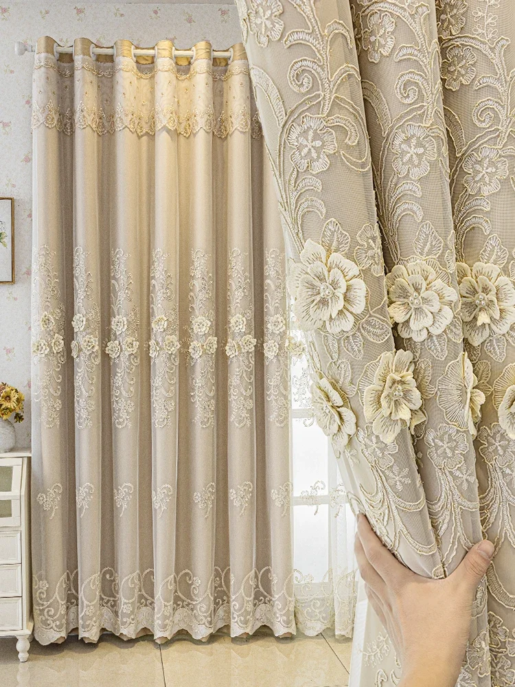 

Double Layer Gauze Decorate Living Room Embossed Embroidered Luxurious Atmospheric Curtain Home Bedroom Blackout Curtain Cortina