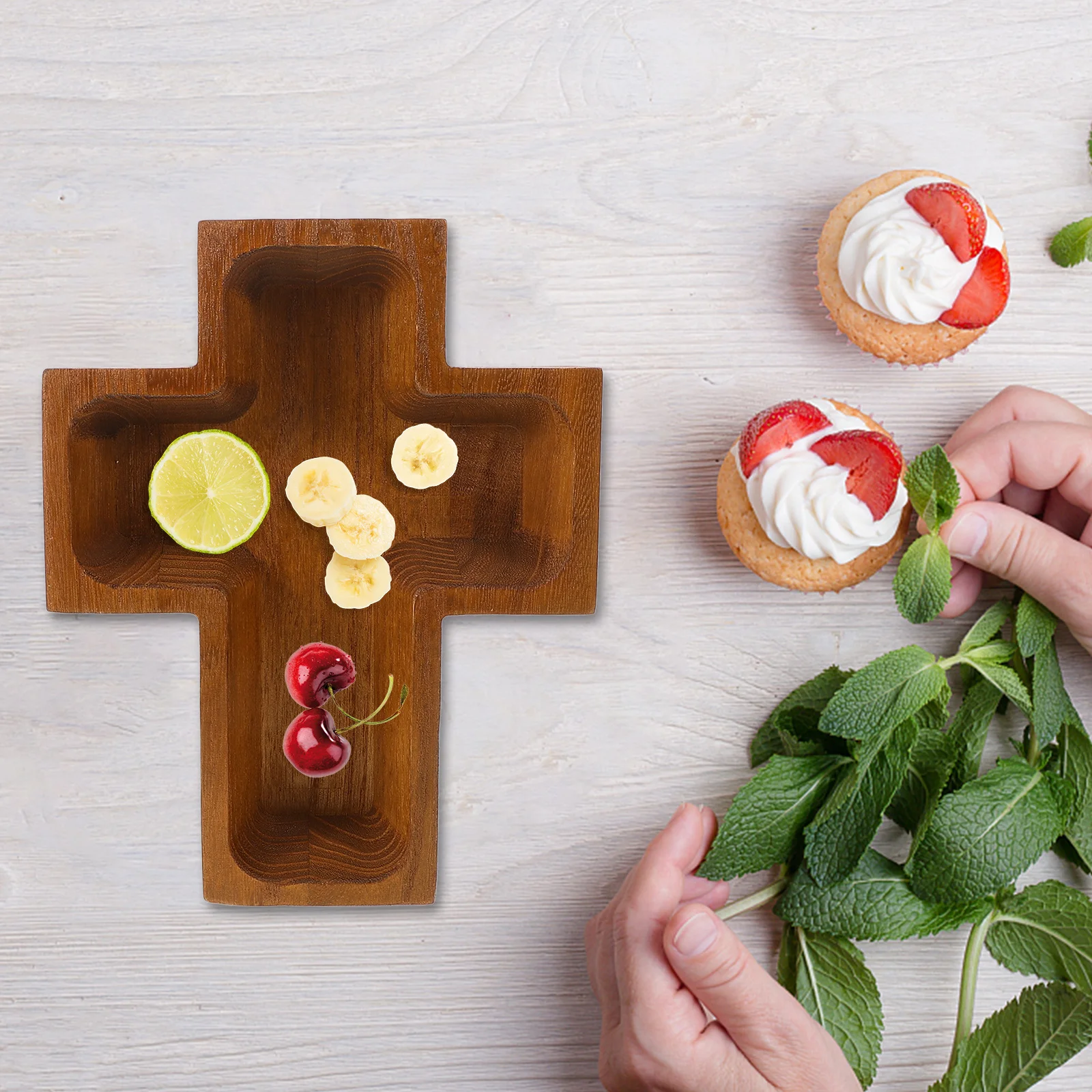 

Wooden Serving Tray Cross Shape Food Platter For Snacks Fruit Nuts Candy Dessert Storage Household Kitchen Bowl